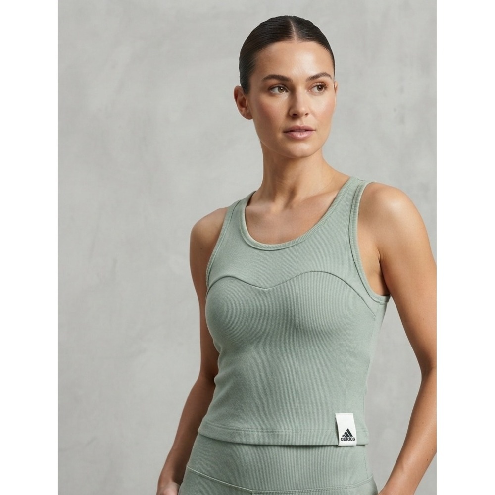 Adidas Ribbed Crop Tank Top Sage Green Athleisure Sporty Sleeveless S